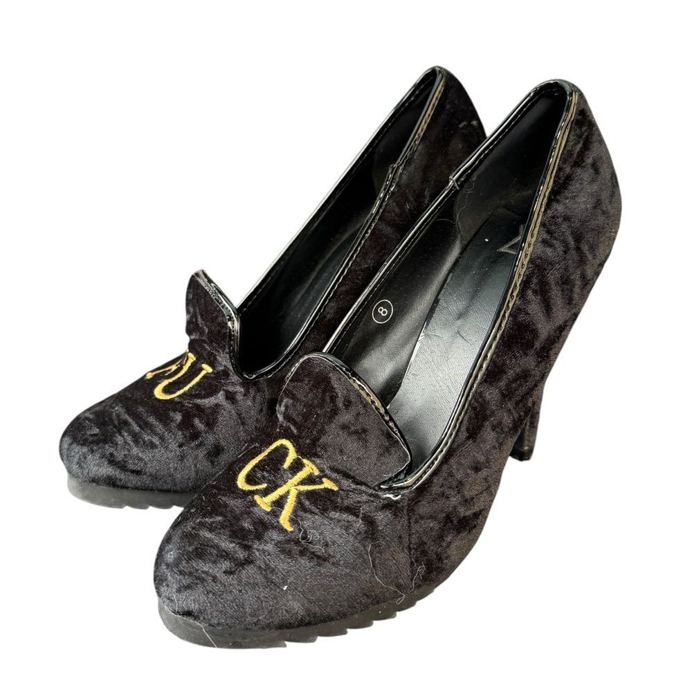 YRU Posch F U C K Black Loafer High Heels Women’s Sz 8 - Picture 2 of 9